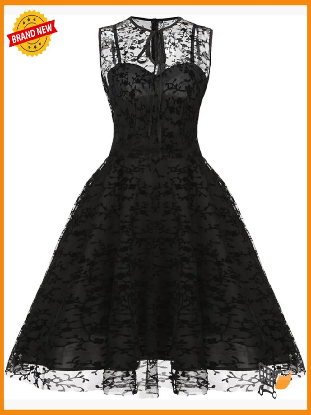 Vintage Mesh Swing Cocktail Dress Floral Embroidery A-Line Midi